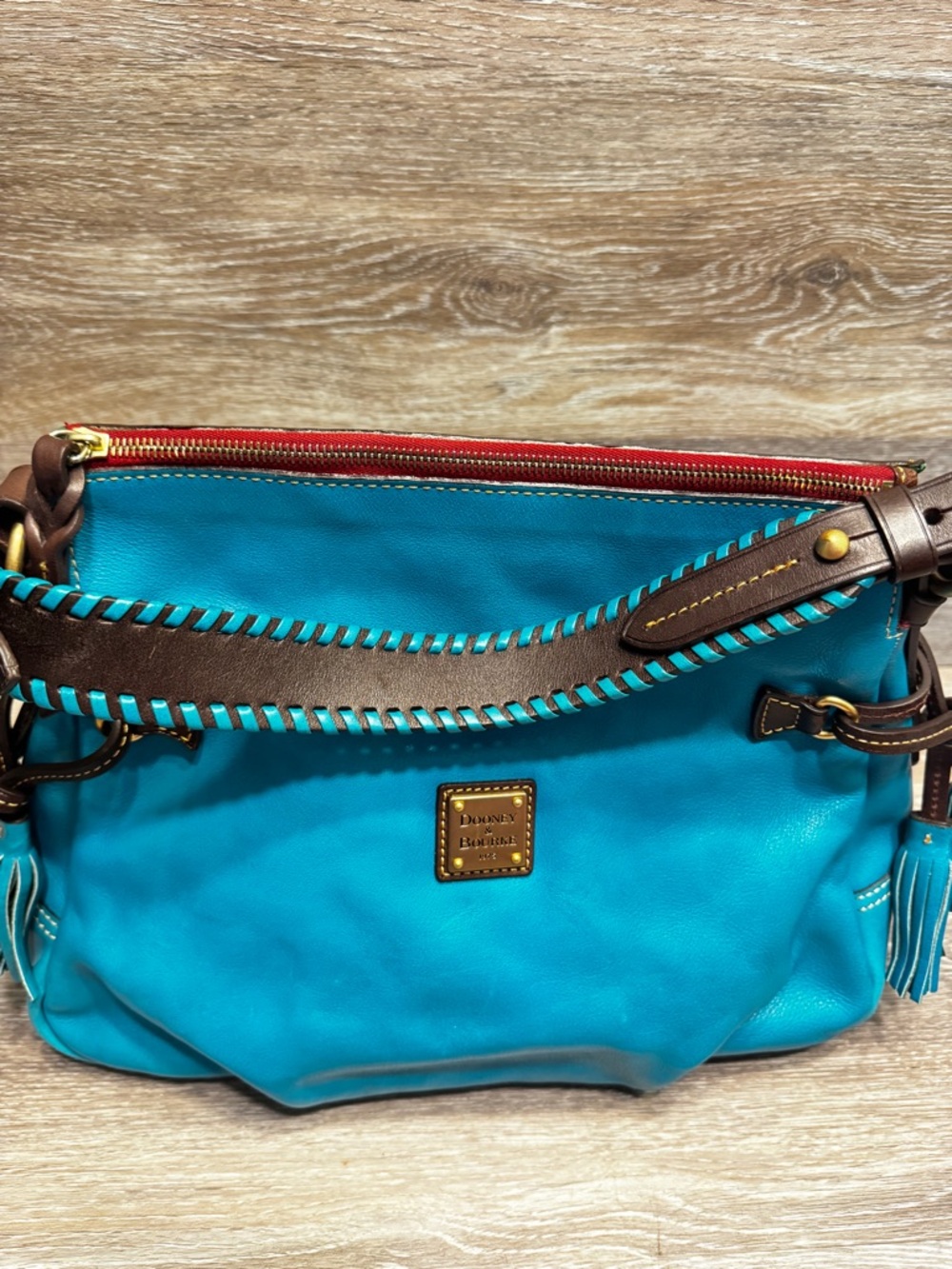 Dooney Florentine Toledo whipstitch hobo turquoise teal Shoulder bag tassels - Picture 8 of 16
